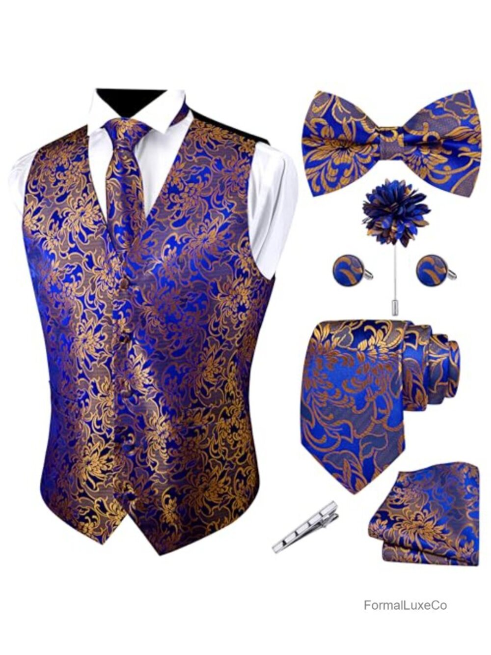 Formal Men Paisley Silk Blend Vest Tie Set 7 Piece Wedding Suit Vest